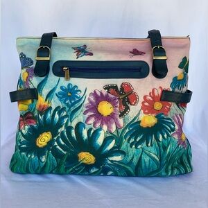 Anuschka Hand-painted Butterfly & Flowers Canvas Bag